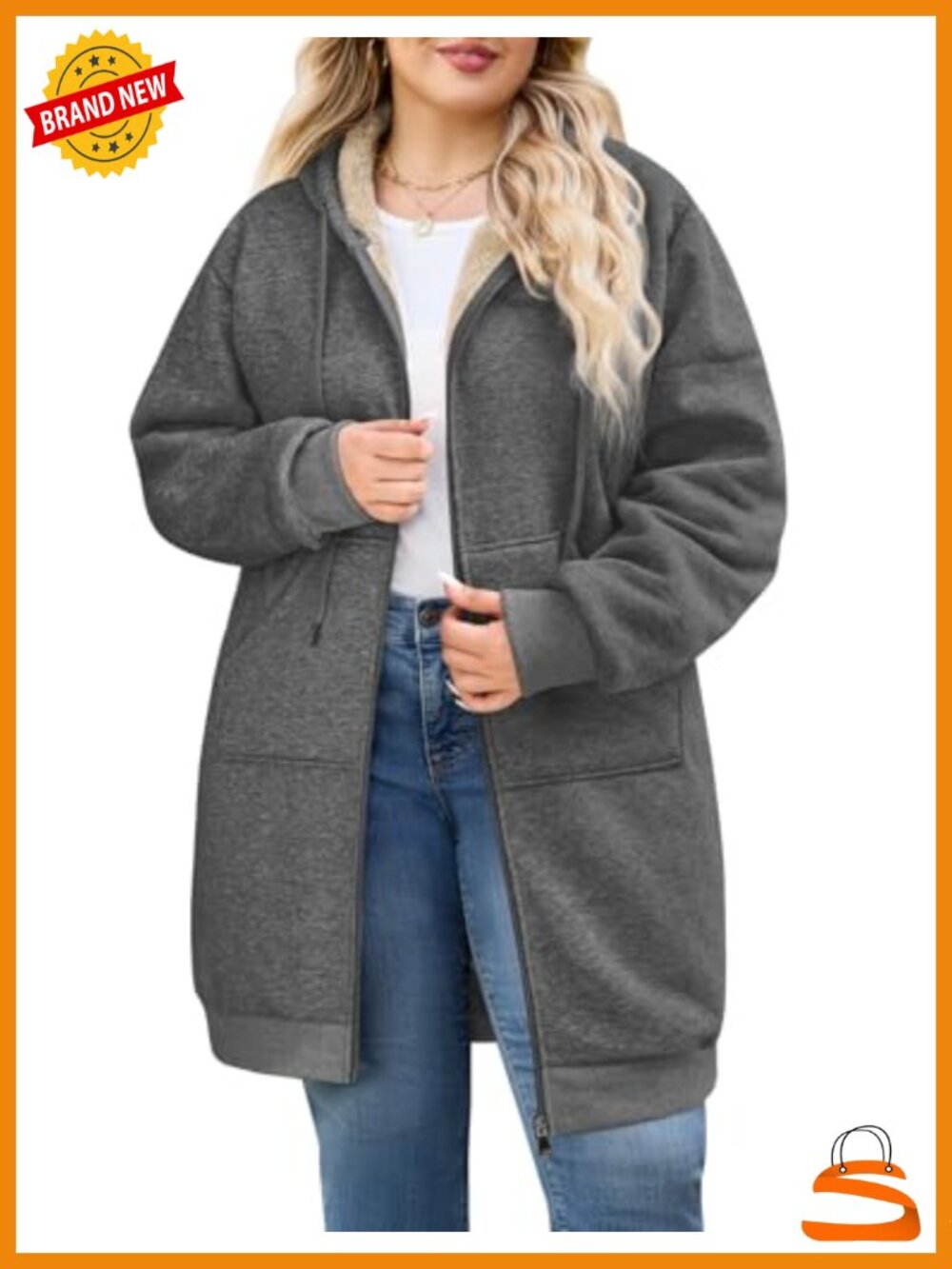 Plus Size Zip Up Hoodie Long Tunic Fleece Jacket Hooded